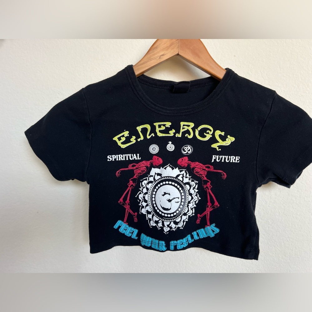 Urban Outfitters Black Crop Top with Neon Yellow, Red & Blue Graphic